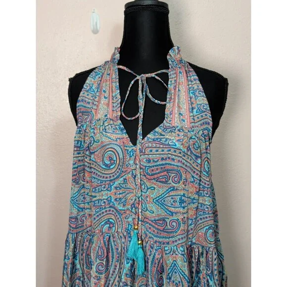 Rhea Women One Size Silk Blend Teal Pink Paisley Maxi Dress Boho Tiered Festival - Picture 4 of 10